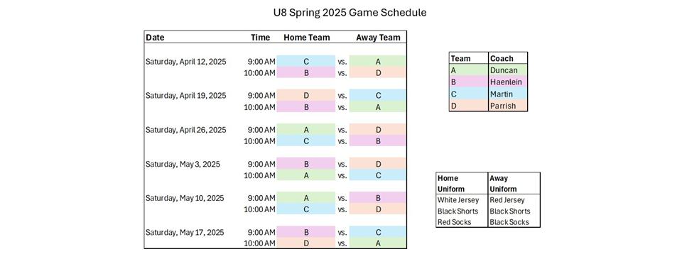 U8 Spring 2025 Game Schedule